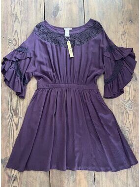 Esley Mini Dress Womens M Purple Ruffle Lace Pockets Peasant Boho